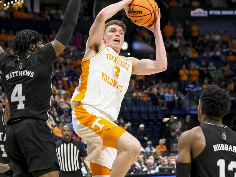 Mar 15, 2024; Nashville, TN, USA; Tennessee Volunteers guard Dalton Knecht (3) shoots the ball against the Mississippi State Bulldogs during the second half at Bridgestone Arena. Mandatory Credit: Steve Roberts-USA TODAY Sports