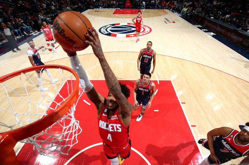 WASHINGTON, DC -? APRIL 9: Jalen Green #4 of the Houston Rockets drives to the basket against the Washington Wizards  on April 9, 2023 at Capital One Arena in Washington, DC. NOTE TO USER: User expressly acknowledges and agrees that, by downloading and or using this Photograph, user is consenting to the terms and conditions of the Getty Images License Agreement. Mandatory Copyright Notice: Copyright 2023 NBAE (Photo by Stephen Gosling/NBAE via Getty Images)