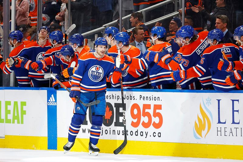 Apr 10, 2024; Edmonton, Alberta, CAN; The Edmonton Oilers celebrate a goal scored by forward Zach Hyman (18) during the second period against the Vegas Golden Knights at Rogers Place. Mandatory Credit: Perry Nelson-USA TODAY Sports