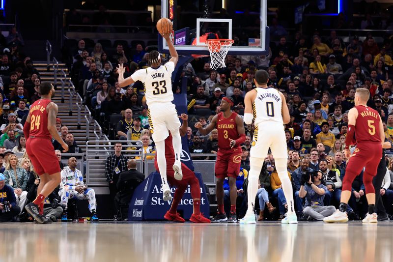 INDIANAPOLIS, INDIANA - MARCH 18: Myles Turner #33 of the Indiana Pacers shoots during the first half against the Cleveland Cavaliers at Gainbridge Fieldhouse on March 18, 2024 in Indianapolis, Indiana. NOTE TO USER: User expressly acknowledges and agrees that, by downloading and or using this photograph, User is consenting to the terms and conditions of the Getty Images License Agreement. (Photo by Justin Casterline/Getty Images)