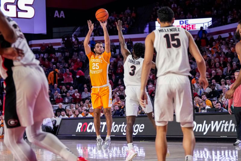 Jan 13, 2024; Athens, Georgia, USA; Tennessee Volunteers guard Santiago Vescovi (25) shoots over Georgia Bulldogs guard Noah Thomasson (3) during the first half at Stegeman Coliseum. Mandatory Credit: Dale Zanine-USA TODAY Sports