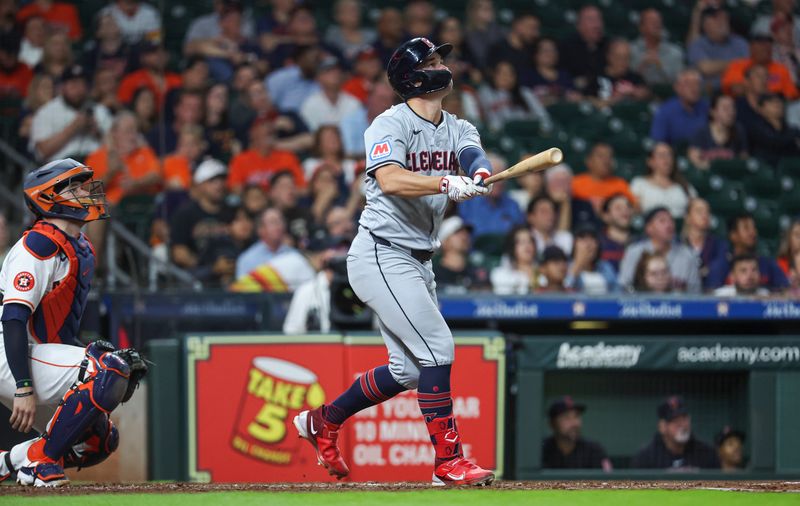 May 1, 2024; Houston, Texas, USA;  Cleveland Guardians designated hitter Will Brennan (17) hits a home run during the fifth inning against the Houston Astros at Minute Maid Park. Mandatory Credit: Troy Taormina-USA TODAY Sports