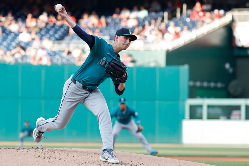 May 24, 2024; Washington, District of Columbia, USA; Seattle Mariners starting pitcher George Kirby (68) pitches against the Washington Nationals during the first inning at Nationals Park. Mandatory Credit: Geoff Burke-USA TODAY Sports