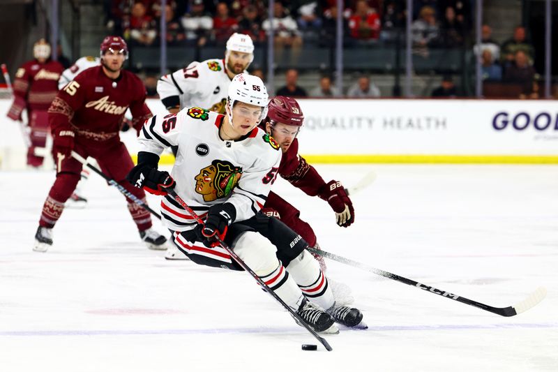 Mar 5, 2024; Tempe, Arizona, USA;  Chicago Blackhawks defenseman Kevin Korchinski (55) moves the puck against Arizona Coyotes left wing Michael Carcone (53) during the second period at Mullett Arena. Mandatory Credit: Mark J. Rebilas-USA TODAY Sports