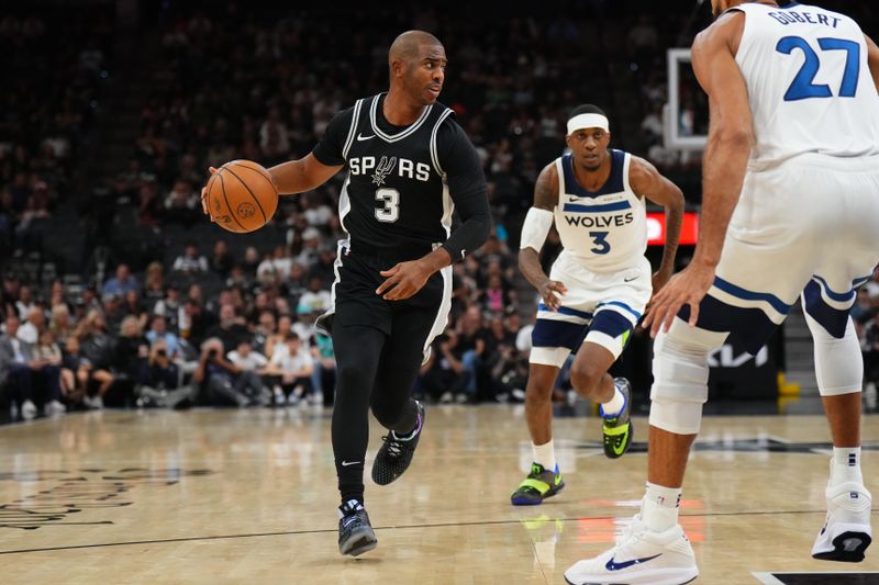 SAN ANTONIO, TX - NOVEMBER 2: Chris Paul #3 of the San Antonio Spurs dribbles the ball during the game against the Minnesota Timberwolves on November 2, 2024 at the Frost Bank Center in San Antonio, Texas. NOTE TO USER: User expressly acknowledges and agrees that, by downloading and or using this photograph, user is consenting to the terms and conditions of the Getty Images License Agreement. Mandatory Copyright Notice: Copyright 2024 NBAE (Photos by Cooper Neill/NBAE via Getty Images)