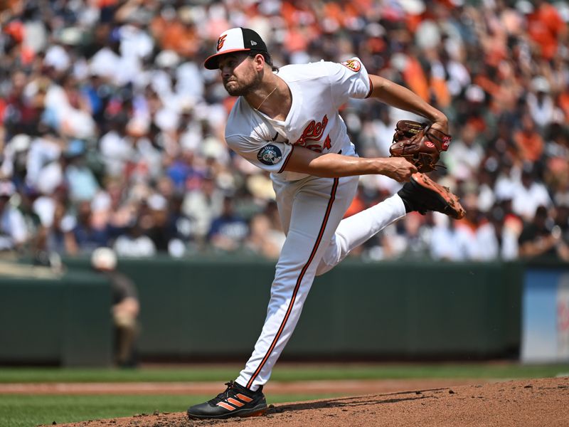 Jul 14, 2024; Baltimore, Maryland, USA;  Baltimore Orioles pitcher Dean Kremer (64) delivers a pitch during the second inning against the New York Yankees at Oriole Park at Camden Yards. Mandatory Credit: James A. Pittman-USA TODAY Sports