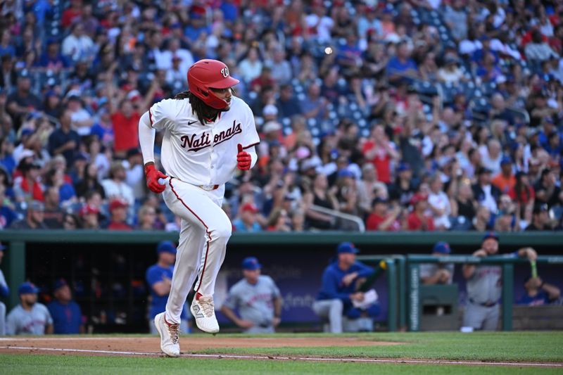 Jul 1, 2024; Washington, District of Columbia, USA; Washington Nationals center fielder James Wood (50) runs to first base after a base hit during his first Major League at bat against the New York Mets during the second inning at Nationals Park. Mandatory Credit: Rafael Suanes-USA TODAY Sports