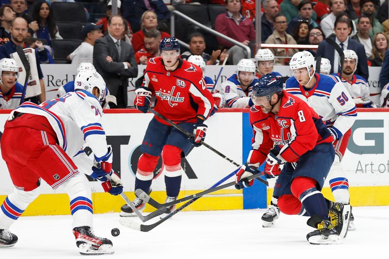 Oct 29, 2024; Washington, District of Columbia, USA; Washington Capitals left wing Alex Ovechkin (8) skates with the puck past New York Rangers left wing Will Cuylle (50) in the third period at Capital One Arena. Mandatory Credit: Geoff Burke-Imagn Images