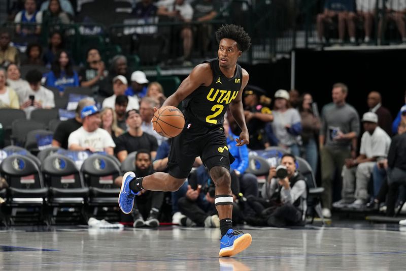 DALLAS, TX - OCTOBER 10: Collin Sexton #2 of the Utah Jazz dribbles the ball during the game against the Dallas Mavericks on October 10, 2024 at American Airlines Center in Dallas, Texas. NOTE TO USER: User expressly acknowledges and agrees that, by downloading and or using this photograph, User is consenting to the terms and conditions of the Getty Images License Agreement. Mandatory Copyright Notice: Copyright 2024 NBAE (Photo by Glenn James/NBAE via Getty Images)