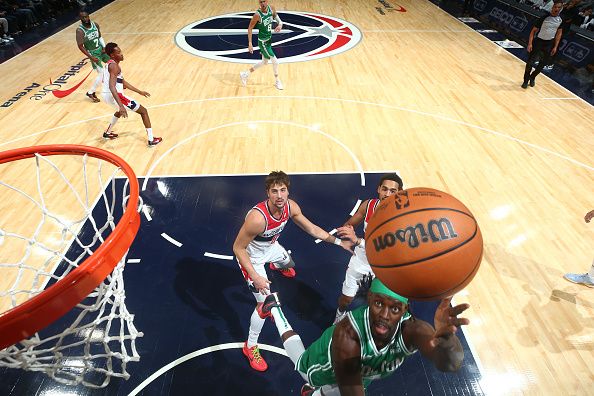 WASHINGTON, DC -? OCTOBER 30: Jrue Holiday #4 of the Boston Celtics shoots the ball during the game against the against the Washington Wizards on October 30, 2023 at Capital One Arena in Washington, DC. NOTE TO USER: User expressly acknowledges and agrees that, by downloading and or using this Photograph, user is consenting to the terms and conditions of the Getty Images License Agreement. Mandatory Copyright Notice: Copyright 2023 NBAE (Photo by Stephen Gosling/NBAE via Getty Images)