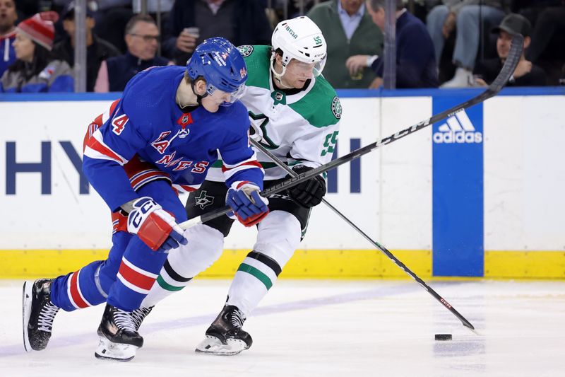 Feb 20, 2024; New York, New York, USA; New York Rangers center Adam Edstrom (84) fights for the puck against Dallas Stars defenseman Thomas Harley (55) during the third period at Madison Square Garden. Mandatory Credit: Brad Penner-USA TODAY Sports