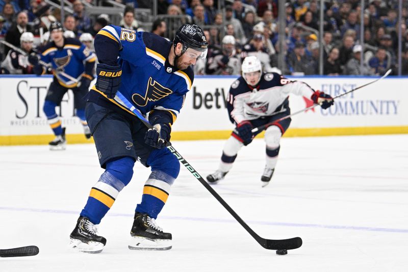 Jan 30, 2024; St. Louis, Missouri, USA; St. Louis Blues right wing Kevin Hayes (12) skates against the Columbus Blue Jackets during the second period at Enterprise Center. Mandatory Credit: Jeff Le-USA TODAY Sports