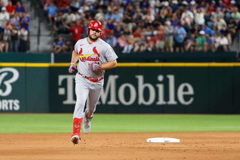 Jun 7, 2023; Arlington, Texas, USA; St. Louis Cardinals left fielder Alec Burleson (41) circles the bases after hitting a go ahead home run during the eighth inning against the Texas Rangers at Globe Life Field. Mandatory Credit: Andrew Dieb-USA TODAY Sports