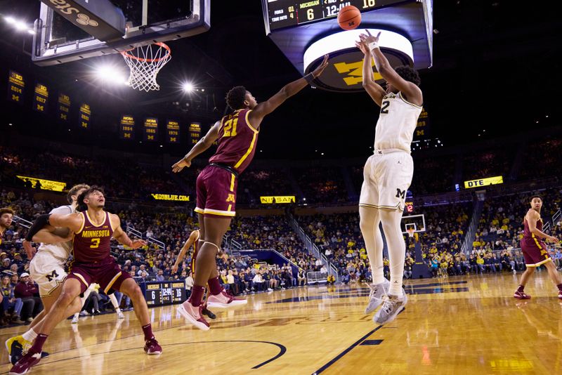 Jan 22, 2023; Ann Arbor, Michigan, USA;  Michigan Wolverines forward Tarris Reed Jr. (32) is shoots on Minnesota Golden Gophers forward Pharrel Payne (21) in the first half at Crisler Center. Mandatory Credit: Rick Osentoski-USA TODAY Sports