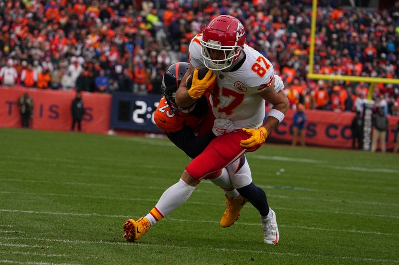 Kansas City Chiefs tight end Travis Kelce (87) against the Denver Broncos of an NFL football game Sunday October 29, 2023, in Denver. (AP Photo/Bart Young)