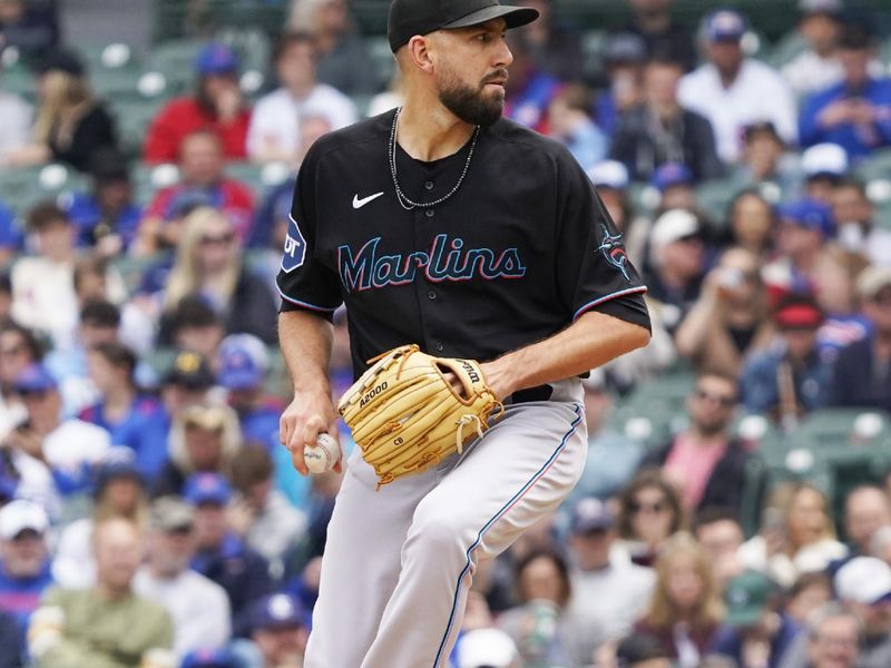 May 6, 2023; Chicago, Illinois, USA; Miami Marlins starting pitcher Matt Barnes (32) throws the ball against the Chicago Cubs during the first inning at Wrigley Field. Mandatory Credit: David Banks-USA TODAY Sports