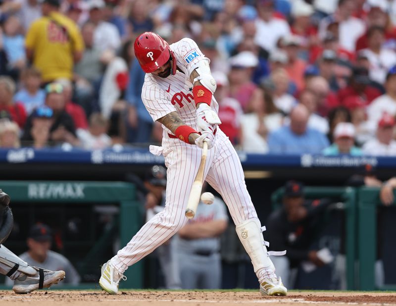 Aug 3, 2025; Philadelphia, Pennsylvania, USA; Philadelphia Phillies outfielder Nick Castellanos (8) hits a single against the Detroit Tigers during the second inning at Citizens Bank Park. Mandatory Credit: Bill Streicher-Imagn Images