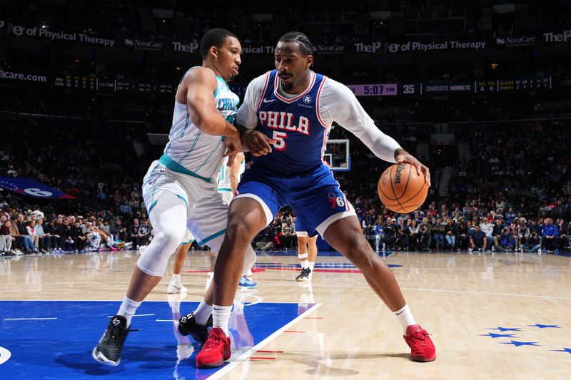 PHILADELPHIA, PA - NOVEMBER 10: Andre Drummond #5 of the Philadelphia 76ers dribbles the ball during the game against the Charlotte Hornets on November 10, 2024 at the Wells Fargo Center in Philadelphia, Pennsylvania NOTE TO USER: User expressly acknowledges and agrees that, by downloading and/or using this Photograph, user is consenting to the terms and conditions of the Getty Images License Agreement. Mandatory Copyright Notice: Copyright 2024 NBAE (Photo by Jesse D. Garrabrant/NBAE via Getty Images)