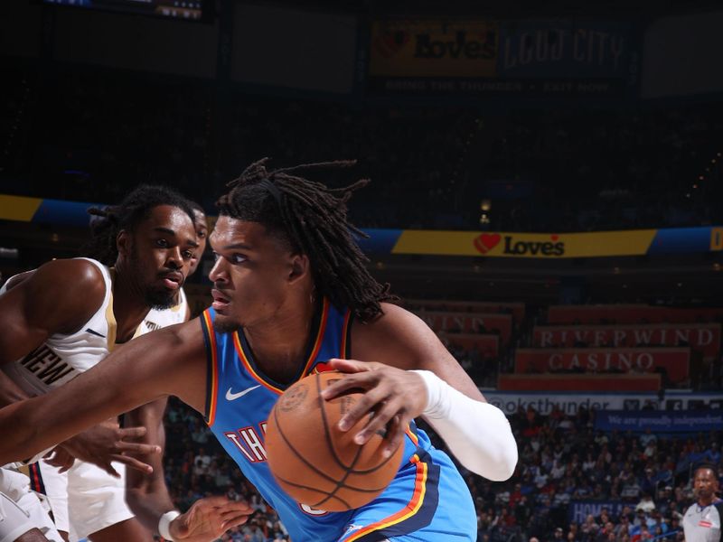 OKLAHOMA CITY, OK - NOVEMBER 13: Dillon Jones #3 of the Oklahoma City Thunder drives to the basket during the game =anp on November 13, 2024 at Paycom Center in Oklahoma City, Oklahoma. NOTE TO USER: User expressly acknowledges and agrees that, by downloading and or using this photograph, User is consenting to the terms and conditions of the Getty Images License Agreement. Mandatory Copyright Notice: Copyright 2024 NBAE (Photo by Nathaniel S. Butler/NBAE via Getty Images)