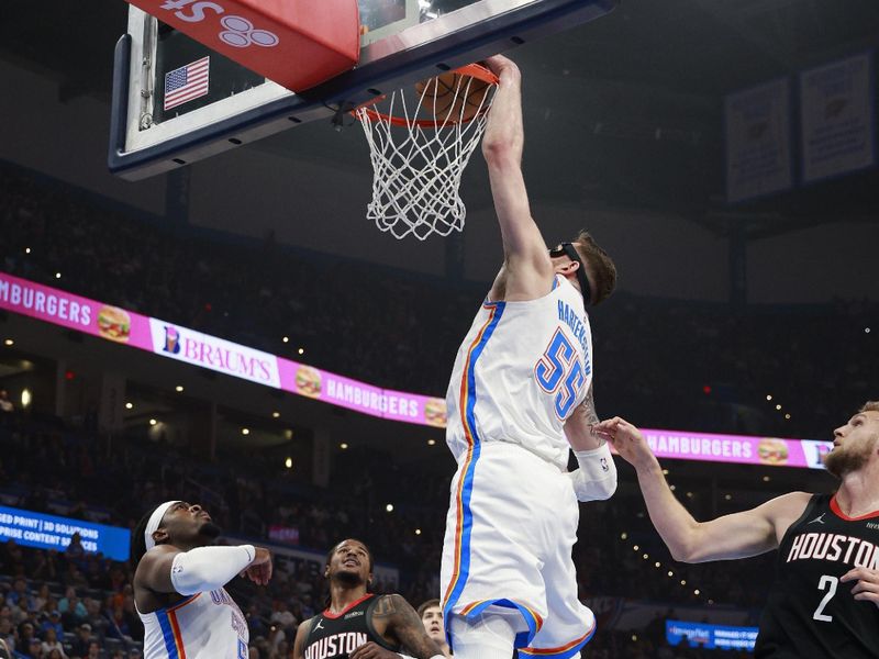 OKLAHOMA CITY, OK - MARCH 3: Isaiah Hartenstein #55 of the Oklahoma City Thunder dunks the ball during the game against the Houston Rockets on March 3, 2025 at Paycom Center in Oklahoma City, Oklahoma. NOTE TO USER: User expressly acknowledges and agrees that, by downloading and or using this photograph, User is consenting to the terms and conditions of the Getty Images License Agreement. Mandatory Copyright Notice: Copyright 2025 NBAE(Photo by Martin McGrew/NBAE via Getty Images)