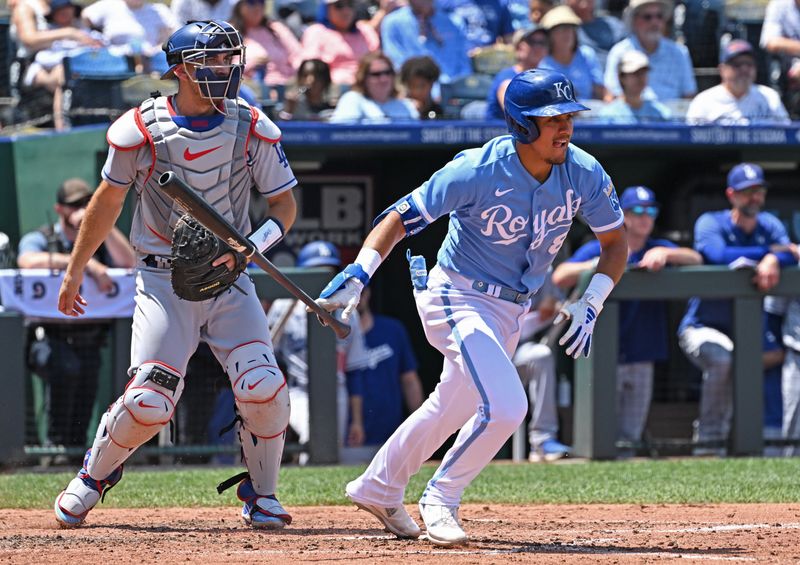 Jul 2, 2023; Kansas City, Missouri, USA;  Kansas City Royals second baseman Nicky Lopez (8) hits an RBI single in the fourth inning against the Los Angeles Dodgers at Kauffman Stadium. Mandatory Credit: Peter Aiken-USA TODAY Sports