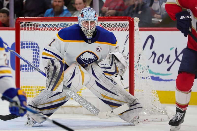 Feb 27, 2024; Sunrise, Florida, USA; Buffalo Sabres goaltender Ukko-Pekka Luukkonen (1) defends his net against the Florida Panthers during the second period at Amerant Bank Arena. Mandatory Credit: Sam Navarro-USA TODAY Sports