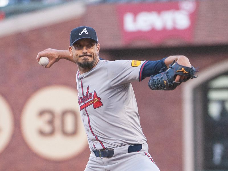 Aug 13, 2024; San Francisco, California, USA;  Atlanta Braves pitcher Charlie Morton (50) throws a pitch against the San Francisco Giants during the second inning at Oracle Park. Mandatory Credit: Ed Szczepanski-USA TODAY Sports