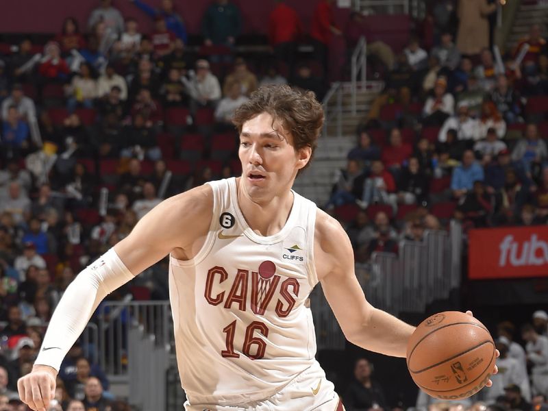 CLEVELAND, OH - JANUARY 29: Cedi Osman #16 of the Cleveland Cavaliers moves the ball during the game against the LA Clippers on January 29, 2023 at Rocket Mortgage FieldHouse in Cleveland, Ohio. NOTE TO USER: User expressly acknowledges and agrees that, by downloading and/or using this Photograph, user is consenting to the terms and conditions of the Getty Images License Agreement. Mandatory Copyright Notice: Copyright 2023 NBAE (Photo by David Liam Kyle/NBAE via Getty Images)