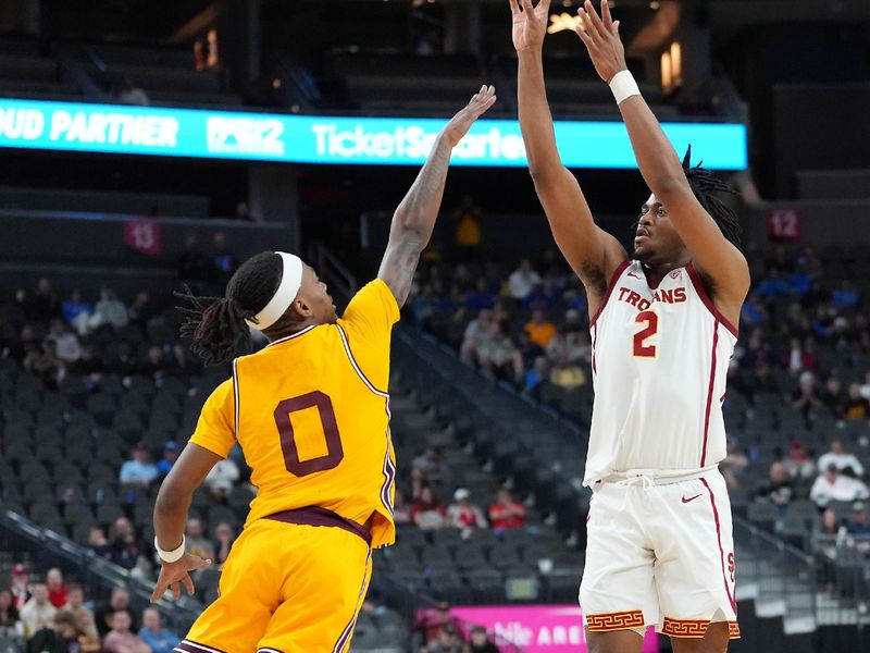 Mar 9, 2023; Las Vegas, NV, USA; USC Trojans guard Reese Dixon-Waters (2) shoots against Arizona State Sun Devils guard DJ Horne (0) during the second half at T-Mobile Arena. Mandatory Credit: Stephen R. Sylvanie-USA TODAY Sports