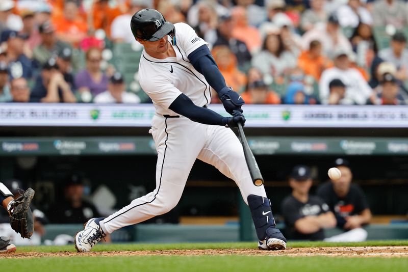 Sep 21, 2025; Detroit, Michigan, USA;  Detroit Tigers catcher Dillon Dingler (13) hits a single in the fourth inning against the Atlanta Braves at Comerica Park. Mandatory Credit: Rick Osentoski-Imagn Images
