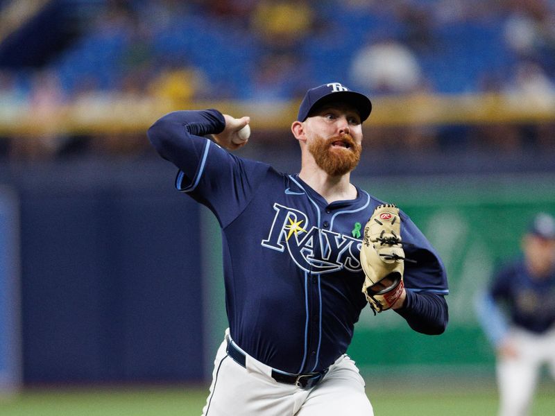 May 28, 2024; St. Petersburg, Florida, USA;  Tampa Bay Rays pitcher Zack Littell (52) throws a pitch against the Oakland Athletics in the second inning at Tropicana Field. Mandatory Credit: Nathan Ray Seebeck-USA TODAY Sports