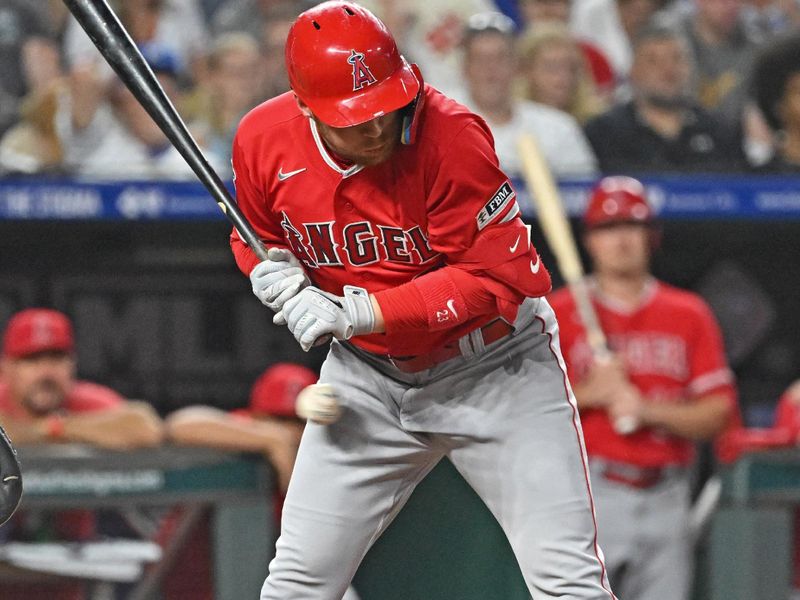 Jun 16, 2023; Kansas City, Missouri, USA; Los Angeles Angels right fielder Hunter Renfroe (12) backs away from an inside pitch for ball four in the seventh inning against the Kansas City Royals at Kauffman Stadium. Mandatory Credit: Peter Aiken-USA TODAY Sports