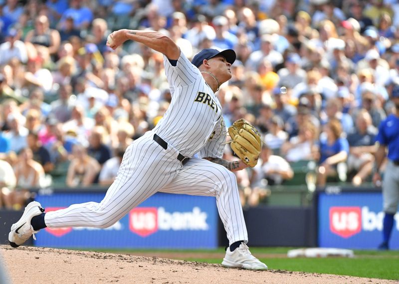 Jun 29, 2024; Milwaukee, Wisconsin, USA; Milwaukee Brewers pitcher Tobias Myers (36) delivers a pitch in the fourth inning against the Chicago Cubs at American Family Field. Mandatory Credit: Michael McLoone-USA TODAY Sports