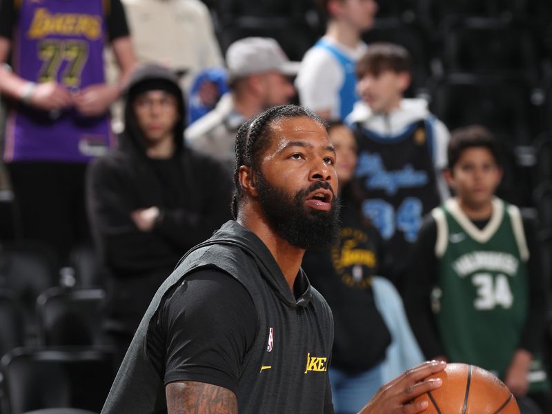 MILWAUKEE, WI - MARCH 13: Markieff Morris #88 of the Los Angeles Lakers warms up before the game against the Milwaukee Bucks on March 13, 2025 at Fiserv Forum Center in Milwaukee, Wisconsin. NOTE TO USER: User expressly acknowledges and agrees that, by downloading and or using this Photograph, user is consenting to the terms and conditions of the Getty Images License Agreement. Mandatory Copyright Notice: Copyright 2025 NBAE(Photo by Gary Dineen/NBAE via Getty Images).