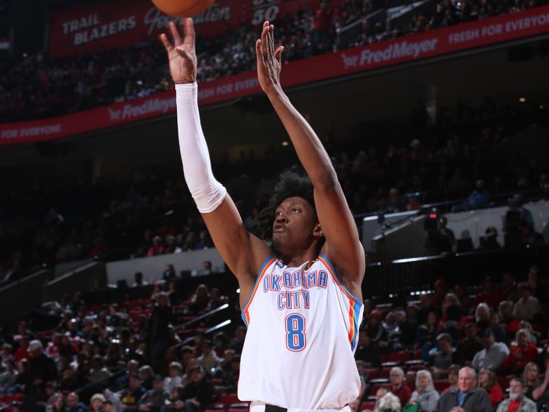 PORTLAND, OR - MARCH 26: Jalen Williams #8 of the Oklahoma City Thunder shoots the ball during the game against the Portland Trail Blazers on March 26, 2023 at the Moda Center Arena in Portland, Oregon. NOTE TO USER: User expressly acknowledges and agrees that, by downloading and or using this photograph, user is consenting to the terms and conditions of the Getty Images License Agreement. Mandatory Copyright Notice: Copyright 2023 NBAE (Photo by Sam Forencich/NBAE via Getty Images)