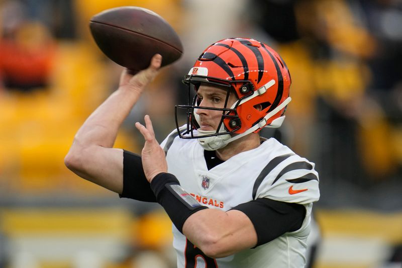 Cincinnati Bengals quarterback Jake Browning (6) throws during warmups before an NFL football game against the Pittsburgh Steelers, Saturday, Dec. 23, 2023, in Pittsburgh. (AP Photo/Gene J. Puskar)