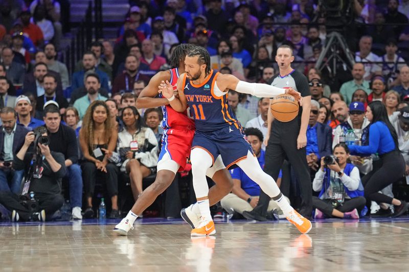 PHILADELPHIA, PA - APRIL 28: Jalen Brunson #11 of the New York Knicks dribbles the ball during the game against the Philadelphia 76ers during Round 1 Game 4 of the 2024 NBA Playoffs on April 28, 2024 at the Wells Fargo Center in Philadelphia, Pennsylvania NOTE TO USER: User expressly acknowledges and agrees that, by downloading and/or using this Photograph, user is consenting to the terms and conditions of the Getty Images License Agreement. Mandatory Copyright Notice: Copyright 2024 NBAE (Photo by Jesse D. Garrabrant/NBAE via Getty Images)