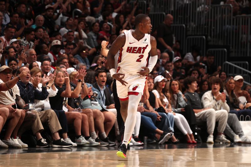 MIAMI, FL - OCTOBER 28: Terry Rozier #2 of the Miami Heat celebrates three point basket during the game against the Detroit Pistons on October 28, 2024 at Kaseya Center in Miami, Florida. NOTE TO USER: User expressly acknowledges and agrees that, by downloading and or using this Photograph, user is consenting to the terms and conditions of the Getty Images License Agreement. Mandatory Copyright Notice: Copyright 2024 NBAE (Photo by Issac Baldizon/NBAE via Getty Images)