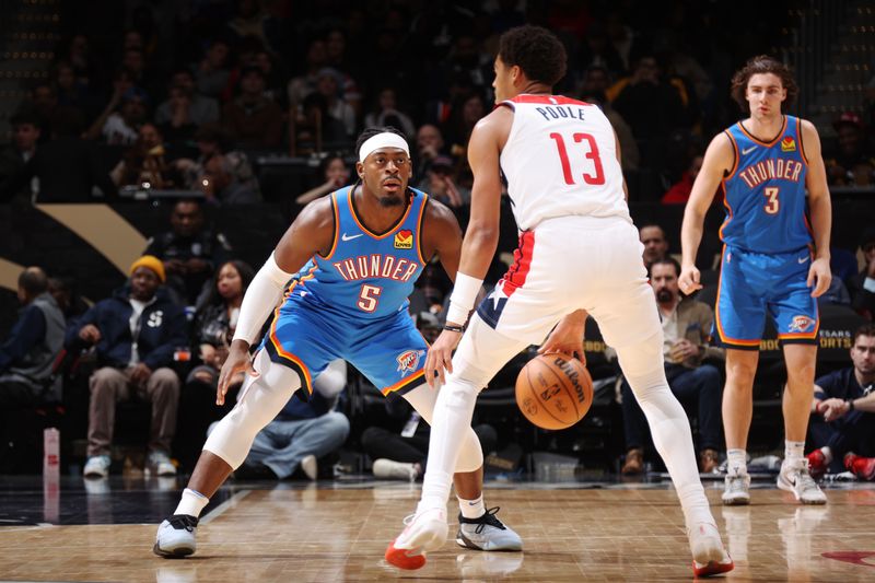 WASHINGTON, DC -? JANUARY 8: Luguentz Dort #5 of the Oklahoma City Thunder plays defense during the game against the Washington Wizards on January 8, 2024 at Capital One Arena in Washington, DC. NOTE TO USER: User expressly acknowledges and agrees that, by downloading and or using this Photograph, user is consenting to the terms and conditions of the Getty Images License Agreement. Mandatory Copyright Notice: Copyright 2024 NBAE (Photo by Stephen Gosling/NBAE via Getty Images)