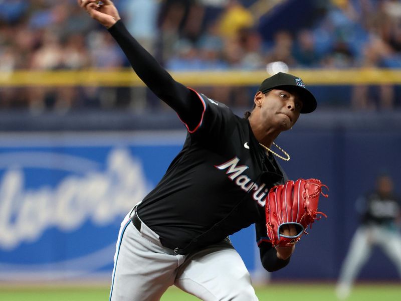 Jul 30, 2024; St. Petersburg, Florida, USA; Miami Marlins starting pitcher Edward Cabrera (27) throws a pitch against the Tampa Bay Rays during the first inning at Tropicana Field. Mandatory Credit: Kim Klement Neitzel-USA TODAY Sports