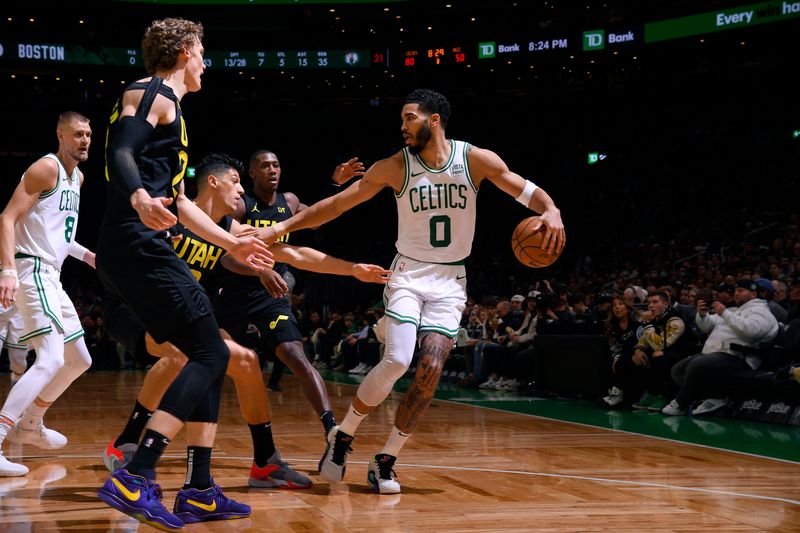 BOSTON, MA - JANUARY 5: Jayson Tatum #0 of the Boston Celtics handles the ball during the game against the Utah Jazz on January 5, 2024 at the TD Garden in Boston, Massachusetts. NOTE TO USER: User expressly acknowledges and agrees that, by downloading and or using this photograph, User is consenting to the terms and conditions of the Getty Images License Agreement. Mandatory Copyright Notice: Copyright 2024 NBAE  (Photo by Brian Babineau/NBAE via Getty Images)