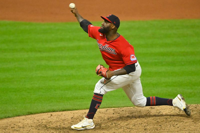 Aug 7, 2023; Cleveland, Ohio, USA; Cleveland Guardians relief pitcher Enyel De Los Santos (62) delivers a pitch in the eighth inning against the Toronto Blue Jays at Progressive Field. Mandatory Credit: David Richard-USA TODAY Sports