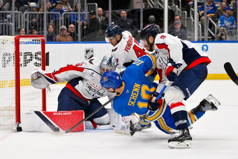 Nov 9, 2024; St. Louis, Missouri, USA;  St. Louis Blues center Brayden Schenn (10) shoots against Washington Capitals goaltender Logan Thompson (48) during the second period at Enterprise Center. Mandatory Credit: Jeff Curry-Imagn Images