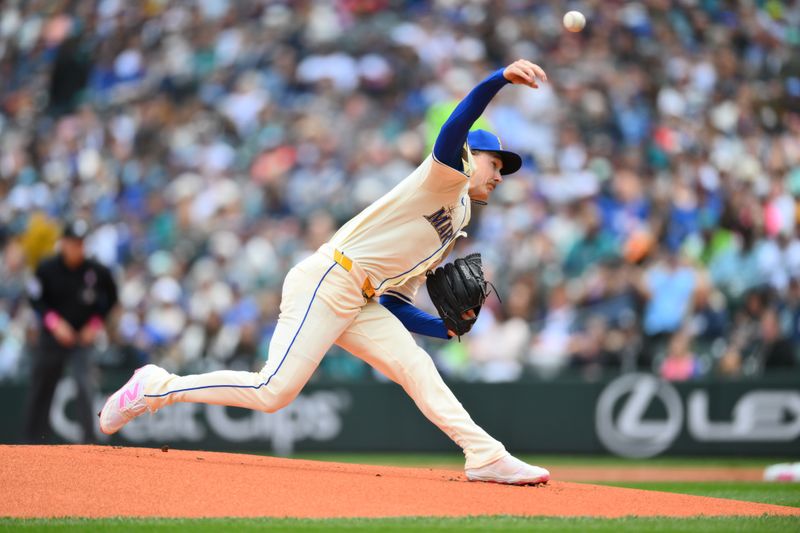May 11, 2025; Seattle, Washington, USA; Seattle Mariners starting pitcher Bryce Miller (50) pitches to the Toronto Blue Jays during the first inning at T-Mobile Park. Mandatory Credit: Steven Bisig-Imagn Images