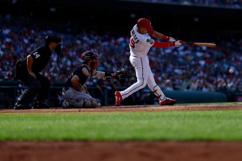 Aug 17, 2023; Washington, District of Columbia, USA; Washington Nationals designated hitter Joey Meneses (45) records an RBI after an error on a batted ball against the Boston Red Sox during the third inning at Nationals Park. Mandatory Credit: Geoff Burke-USA TODAY Sports