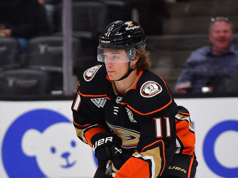 Nov 1, 2023; Anaheim, California, USA; Anaheim Ducks center Trevor Zegras (11) controls the puck against the Arizona Coyotes during the first period at Honda Center. Mandatory Credit: Gary A. Vasquez-USA TODAY Sports