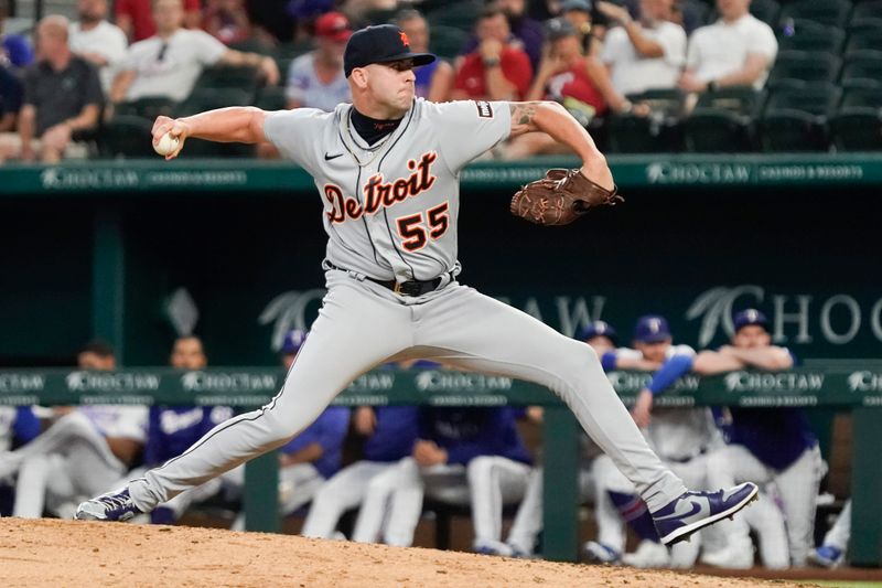 Jun 29, 2023; Arlington, Texas, USA; Detroit Tigers relief pitcher Alex Lange (55) throws to the plate during the ninth inning against the Texas Rangers at Globe Life Field. Mandatory Credit: Raymond Carlin III-USA TODAY Sports