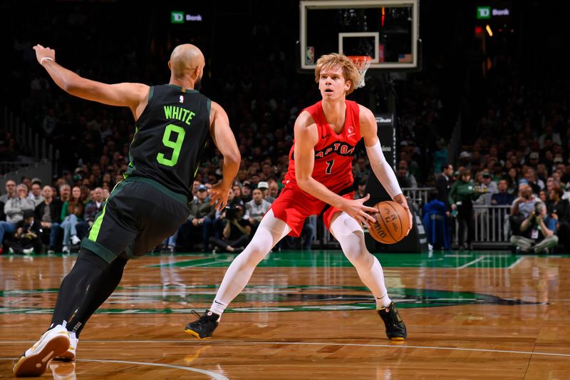 BOSTON, MA - NOVEMBER 16: Gradey Dick #1 of the Toronto Raptors shoots the ball during the game against the Boston Celtics on November 16, 2024 at TD Garden in Boston, Massachusetts. NOTE TO USER: User expressly acknowledges and agrees that, by downloading and/or using this Photograph, user is consenting to the terms and conditions of the Getty Images License Agreement. Mandatory Copyright Notice: Copyright 2024 NBAE (Photo by Brian Babineau/NBAE via Getty Images)