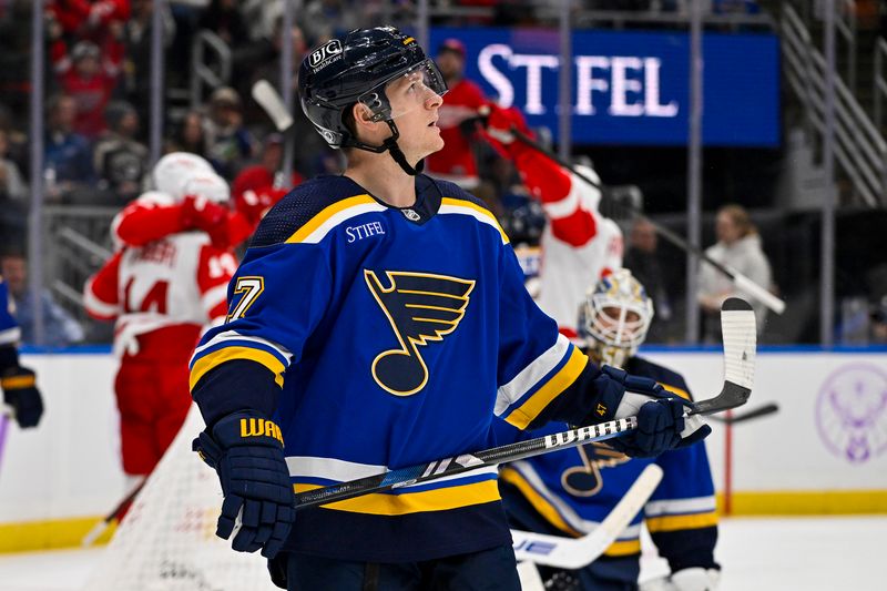 Dec 12, 2023; St. Louis, Missouri, USA;  St. Louis Blues defenseman Torey Krug (47) looks on after Detroit Red Wings center Robby Fabbri (14) scored during the third period at Enterprise Center. Mandatory Credit: Jeff Curry-USA TODAY Sports