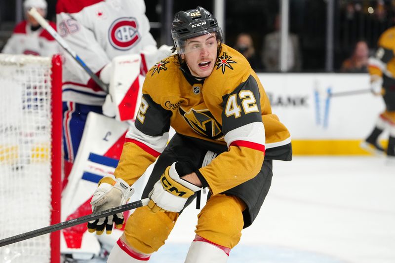 Nov 28, 2025; Las Vegas, Nevada, USA; Vegas Golden Knights right wing Braeden Bowman (42) skates against the Montreal Canadiens during the third period at T-Mobile Arena. Mandatory Credit: Stephen R. Sylvanie-Imagn Images